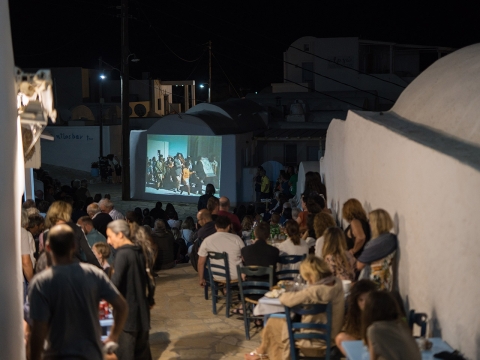 Video projection of Margaret Kenna’s “Far from God”, Phenomenon 3, Tuesday 2 July, 2019, Anafi. Photo credit: Alexandra Masmanidi 